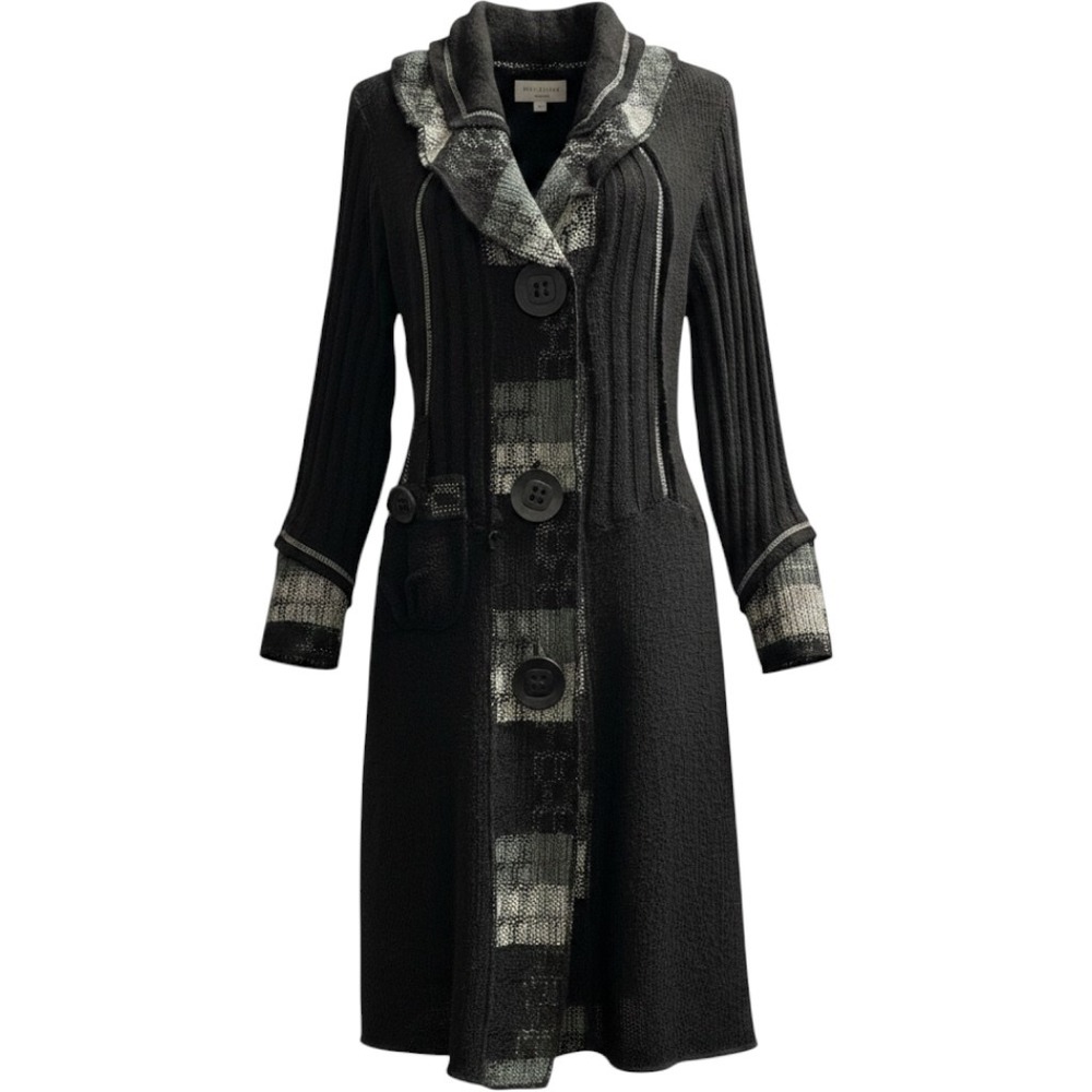 Moka Sport Cardigan Duster Black Mixed Texture Sweater Size L Artsy Lagenlook